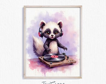 Funny Skunk with Headphones - Cute DJ Animal Watercolor Print, Printable Wall Art, Nursery Decor, Kids Room Art, Instant Download 582