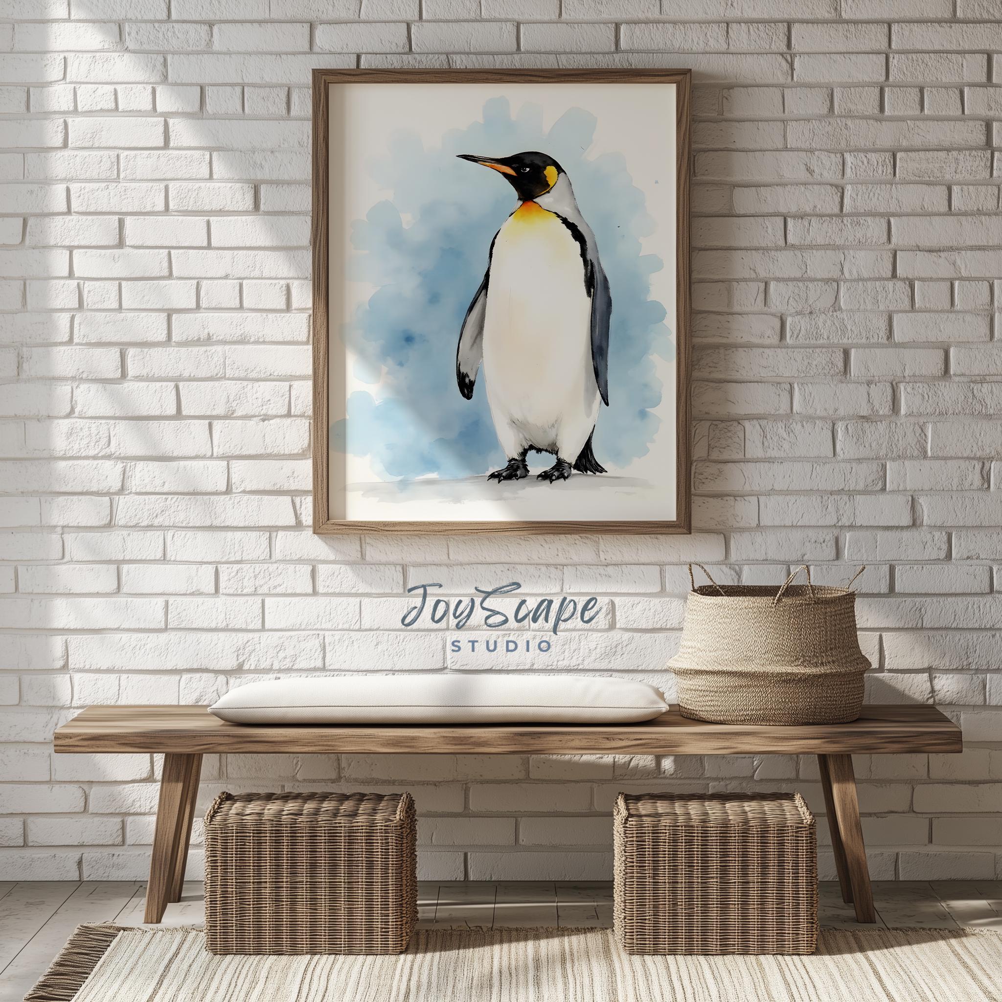 皇帝ペンギンのプリントアート - 水彩ペンギンの絵画、冬の動物の装飾