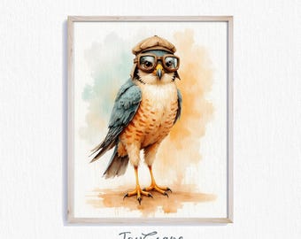 Funny Falcon Watercolor Print - Pilot Goggles Art, Printable Wall Decor, Nursery Animal Poster, Kids Room Wall Art, Instant Download 632