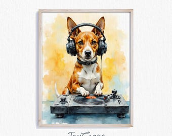 Funny Dog DJ Watercolor Print - Cute Puppy with Headphones, Printable Wall Art, Nursery Decor, Humorous Pet Art, Kids Room Digital 523