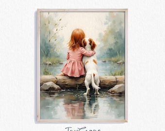 Cavalier King Charles Spaniel and Girl - Printable Kids Art, Nursery Decor, Wall Art for Children's Room, Digital Download Print 720