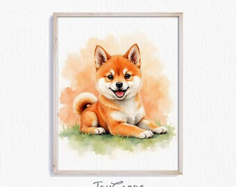 柴犬の子犬のプリント可能なウォールアート - かわいい犬のポートレート、素朴な保育園の装飾、遊び心のある足跡のイラスト、デジタルダウンロード