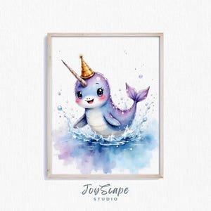 Funny Narwhal Watercolor Print - Cute Printable Wall Art, Nursery Decor, Kids Room Art, Narwhal with Party Hat, Instant Download 557