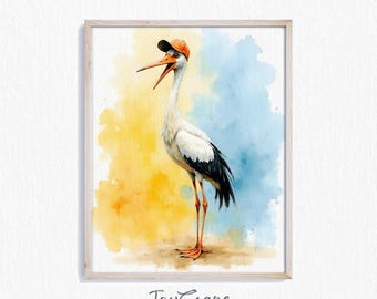 Funny Stork Watercolor Print - Printable Wall Art, Colorful Bird Painting, Nursery Decor, Kids Room Art, Instant Digital Download 696