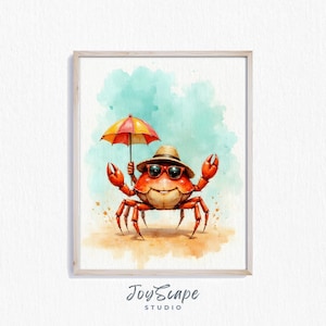Grappige krab aquarel print - parasol kunst, afdrukbare wand decor, krab met hoed, decor kinderkamer, kinderkamer kunst, Instant Download 520