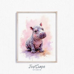 Nilpferd Kalb Aquarell - entzückende Kinderzimmer Wandkunst, druckbare Tier-Dekor, niedliches Baby Nilpferd Gemälde 467