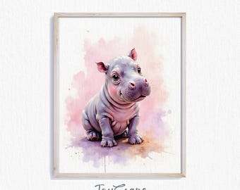 『激安!』【新作F6】 ミニカバの赤ちゃん油絵 金泰鮮画 動物 赤ちゃんカバの子の水彩画 - 愛らしい保育園の壁アート、印刷可能な