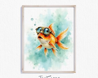 Funny Goldfish Watercolor Print - Cute Fish with Goggles, Printable Wall Art, Kids Room Decor, Humorous Nursery Art, Instant Download 534