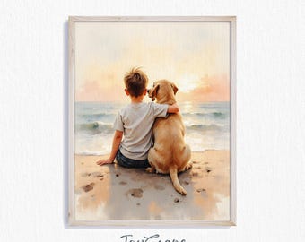 Labrador Retriever and Boy on Beach - Nursery Wall Art, Printable Kids Decor, Dog Friendship Scene, Children’s Room Digital Download 736