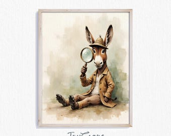 Funny Donkey Detective Watercolor Print - Quirky Animal Art, Printable Wall Art, Kids Room Decor, Nursery Watercolor Illustration 627