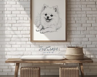 ポメラニアン犬の肖像画アートプリント - かわいい白黒スケッチ、魅力