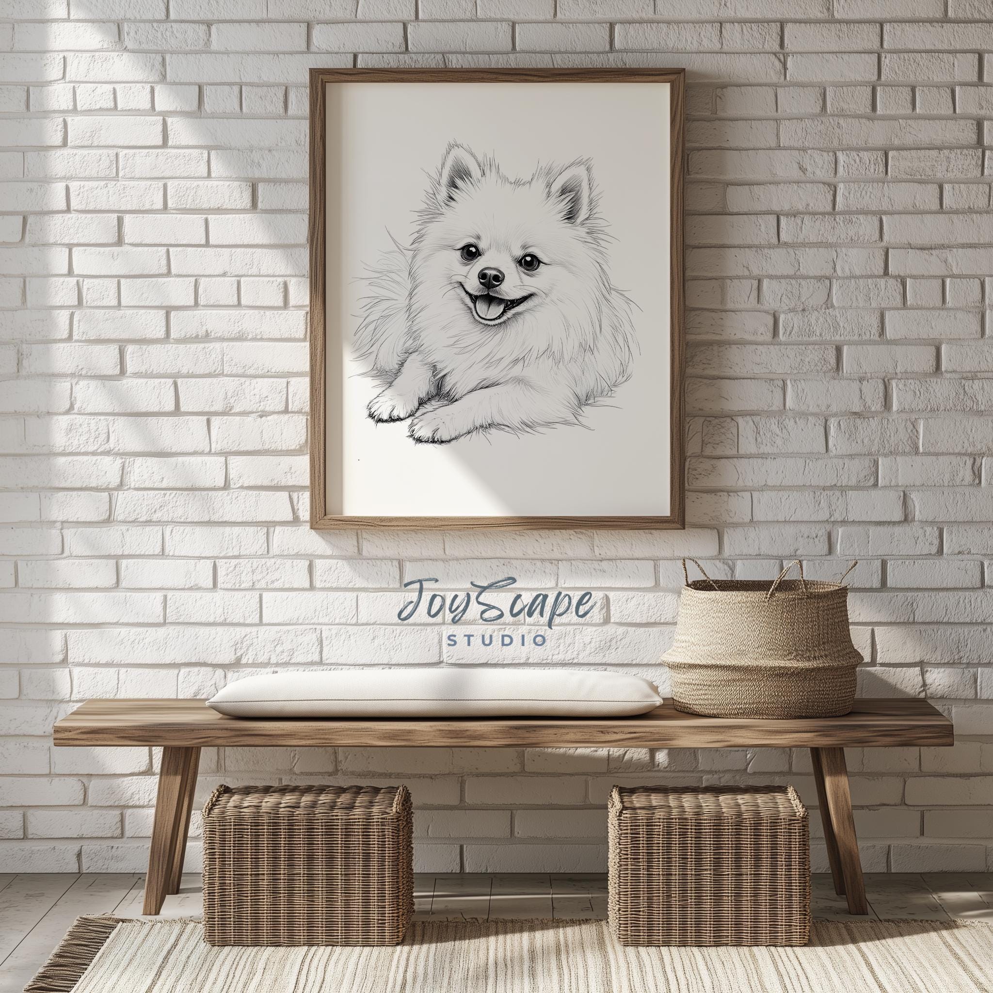 ポメラニアン犬の肖像画アートプリント - かわいい白黒スケッチ、魅力