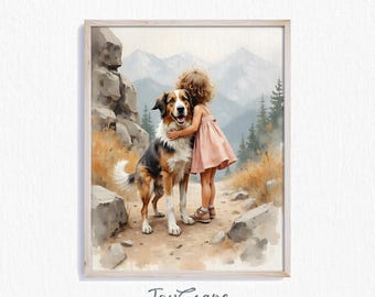 May include: Watercolor print of a child hugging a dog on a mountain path. The dog has brown, black, and white fur. The child wears a pink dress. Mountains and trees are in the background. The print is in a light wood frame.