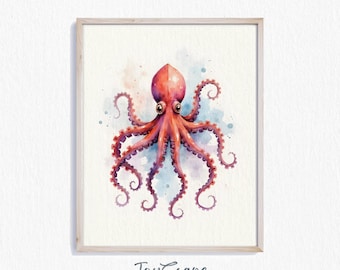 Octopus aquarelkunst - afdrukbaar zeeschepsel schilderij, oceaan kunst aan de muur, decor zeeleven, nautisch thema print, onderwaterkunst 228