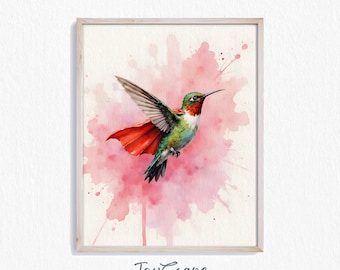 Funny Hummingbird Watercolor Print - Vibrant Wall Art, Printable Decor, Nursery Room, Kids Animal Illustration, Instant Download 645