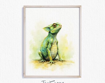 Chameleon Watercolor Printable - Vibrant Green Reptile Art, Rustic Boho Wall Decor, Earthy Animal Painting, Digital Jungle Art 315