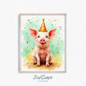 Funny Pig Watercolor Print - Playful Farm Animal, Printable Wall Art, Party Hat Decor, Nursery Room, Kids Art, Instant Download 566