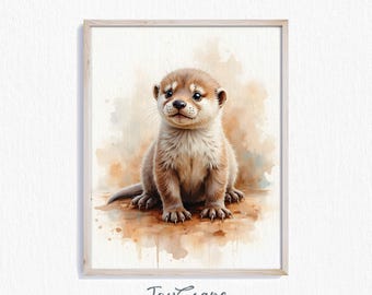 Baby zeeotter pup kwekerij afdrukbare - schattige dieren kunst, rustieke aquarel print, schattig otter decor, bosrijke kinderkamer muur kunst 494