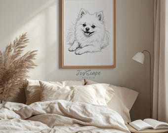 ポメラニアン犬の肖像画アートプリント - かわいい白黒スケッチ、魅力