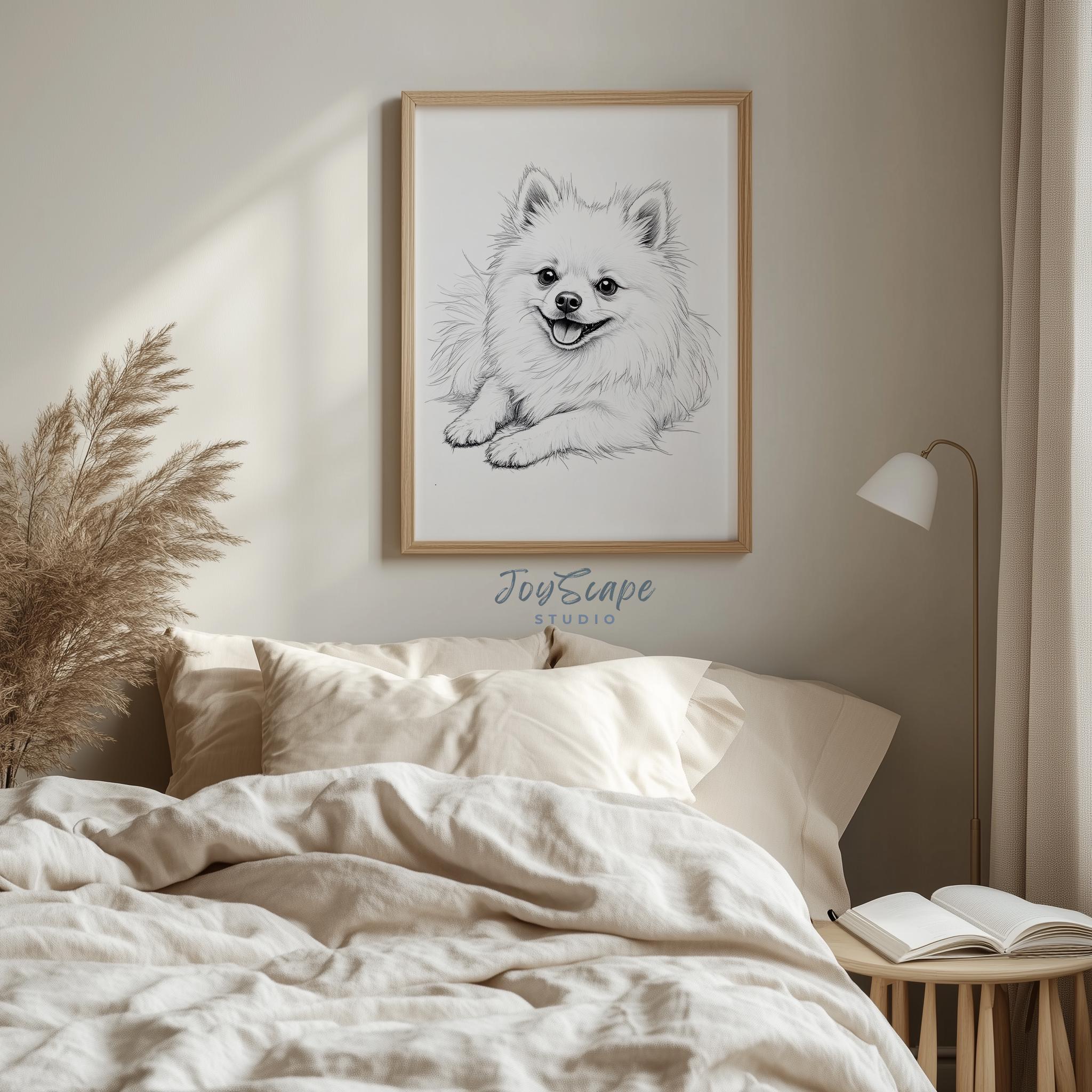ポメラニアン犬の肖像画アートプリント - かわいい白黒スケッチ、魅力