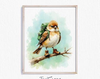Funny Sparrow Watercolor Print - Printable Wall Art, Cute Bird Decor, Nursery Animal Illustration, Kids Room Art, Instant Download 694