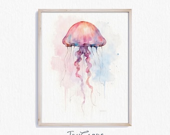 クラゲの印刷可能なアート - 水彩画の月面クラゲの絵画、海の海洋生物