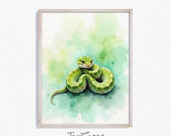 Baby Green Tree Python Art Print - Nursery Decor, Cute Snake Watercolor, Nature Wall Art, Jungle Animal Painting, Printable Wall Art 461