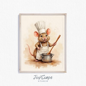Funny Rat Chef Watercolor Print - Adorable Kitchen Wall Art, Printable Nursery Decor, Whimsical Animal Illustration, Instant Download 573