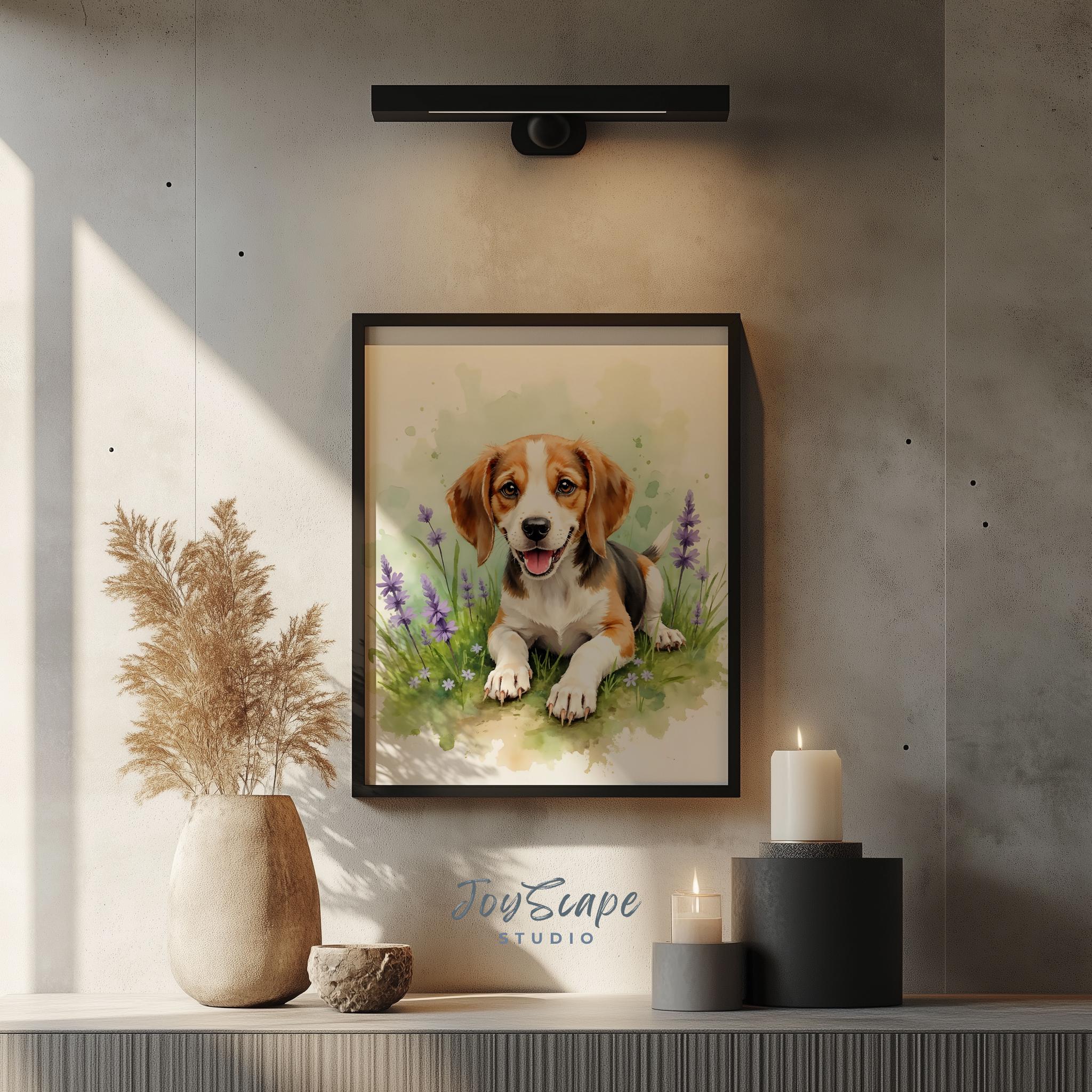 ビーグル犬の子犬の水彩画プリントアート - 素朴なペットの装飾、犬の
