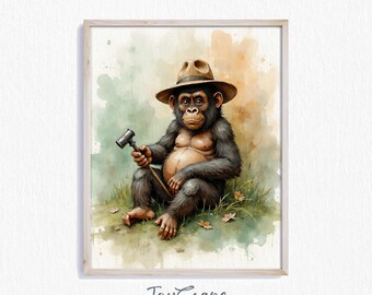 Funny Gorilla Watercolor Print - Humorous Animal Art, Printable Wall Art, Whimsical Nursery Decor, Instant Download for Kids Room 636