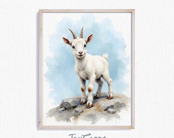 Arte de pared imprimible con acuarela de cabrito montes - Descarga digital de animales de granja rústicos