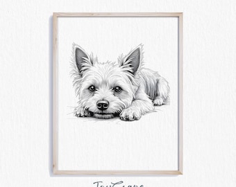 May include: A framed black and white print of a small dog, likely a terrier, lying down. The dog has a fluffy coat, floppy ears, and a sweet expression. The print is in a light-colored wooden frame. The text "JoyScape Studio" is at the bottom.