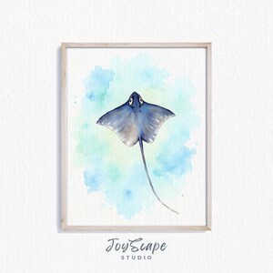 Manta Ray Printable Wall Art, Ocean Blue Watercolor Painting, Marine Life Coastal Decor, Nautical Themed Art, Digital Download 223