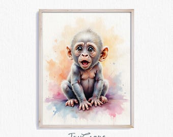 Baby Gorilla Nursery Art Print - Cute Animal Watercolor, Infant Jungle Decor, Playful Baby Room Wall Art, Printable Nursery Decor 460