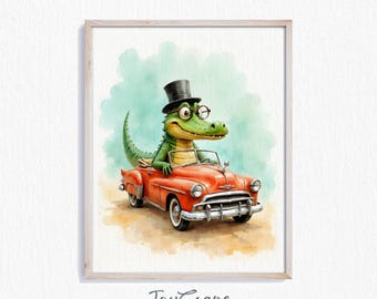 Funny Alligator Driving - Watercolor Animal Printable, Kids Room Wall Art, Humorous Nursery Decor, Instant Download Art Print 497