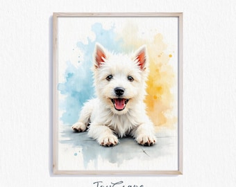 Filhote de West Highland White Terrier para impressão - Decoração de parede para cachorro, Retrato fofo de animal de estimação em aquarela, Estampa adorável de animal de estimação para berçário, Digital