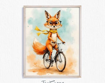 Grappige vos op fiets aquarel print - grillige afdrukbare muurkunst, schattig decor voor de kinderkamer, instant digitale download voor kinderkamer 519