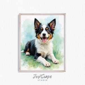Border Collie Puppy Printable Wall Art - Pet Painting, Cute Dog in Meadow, Rustic Farmhouse Decor, Nursery Animal Print, Digital