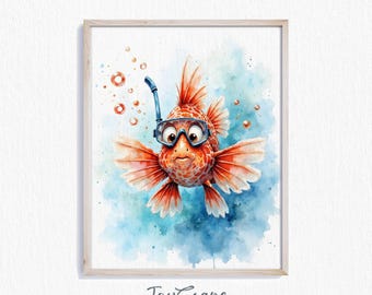 Funny Lionfish Watercolor Print - Whimsical Printable Wall Art, Snorkeling Fish, Ocean Theme Kids Room Decor, Instant Download 657