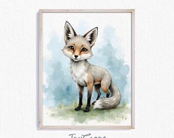 Gray Fox Watercolor Art, Rustic Woodland Animal Printable, Nursery Nursery Decor, Nature Wall Art Print, Digital Fox Painting