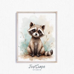 Raccoon Nursery Wall Art, Printable Woodland Animal Decor, Cute Baby Raccoon Print, Forest Wildlife Painting for Kids Room, Digital