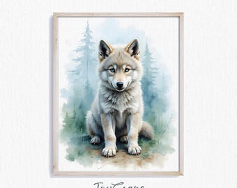 Baby Wolf Pup Nursery Art - Cute Printable Animal Print, Woodland Decor, Rustic Baby Room Wall Art, Digital Download Illustration 444