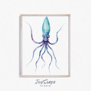 Squid Printable Wall Art - Ocean Marine Decor, Watercolor Sea Life Painting, Coastal Nautical Illustration, Octopus Wall Decor 244