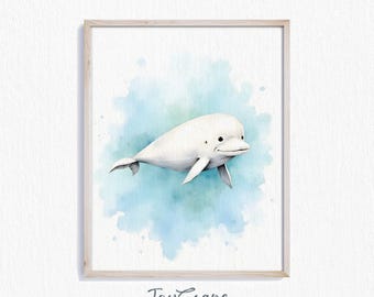 Arte de acuarela de ballena beluga: decoración imprimible de animales marinos, arte mural de mar azul bebé, pintura de vida marina, impresión costera para guardería 202