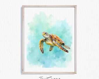 Sea Turtle Printable Wall Art - Tranquil Ocean Watercolor, Marine Life Decor, Beach House, Coastal Nursery, Blue Sea Art Print 238