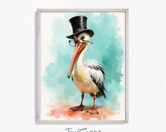 Funny Pelican Watercolor Print - Printable Wall Art, Top Hat Pelican Design, Nursery Decor, Animal Lover Gift, Instant Download 674