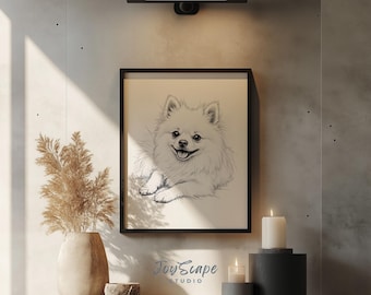 ポメラニアン犬の肖像画アートプリント - かわいい白黒スケッチ、魅力