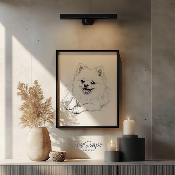 ポメラニアン犬の肖像画アートプリント - かわいい白黒スケッチ、魅力
