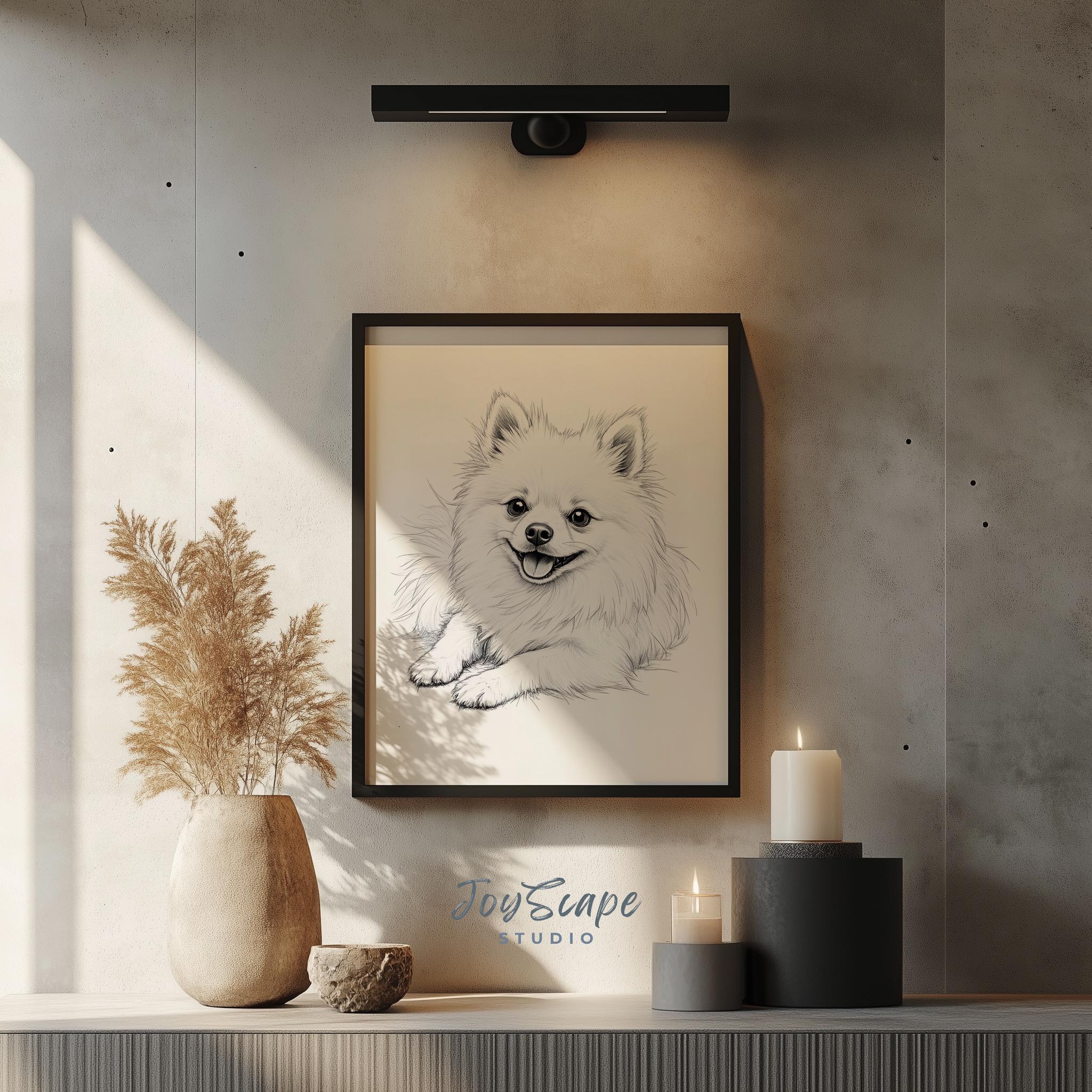 ポメラニアン犬の肖像画アートプリント - かわいい白黒スケッチ、魅力