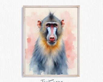 Mandrill Printable Wall Art - Vibrant Animal Portrait, Watercolor Art Print, Colorful Decor, Wildlife Painting, Home Decor Accent 294